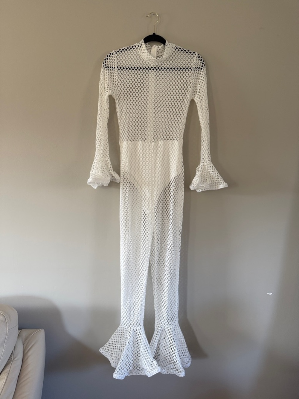 White Crochet Mesh Long-Sleeve Jumpsuit with Ruffled Cuffs
